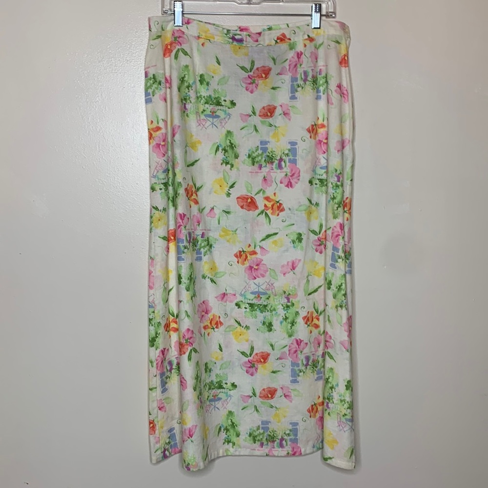 CRAZY HORSE Maxi Skirt Pink & Green Linen Cotton Novelty Print Cottage Core 14